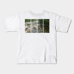 A static shot of the clear water of a mountain stream between rocks and stones; beautiful nature in a sunny day; no people around Kids T-Shirt